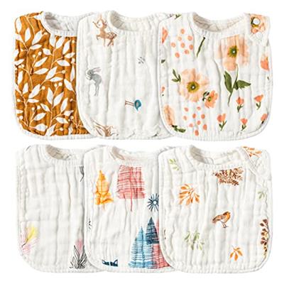Zainpe 6Pcs Muslin Cotton Bibs for Baby Flower Bunny Deer Adjustable Machine Washable Neutral Burp Cloths with 6 Absorbent Soft Layers for Unisex Infa