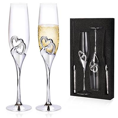 4 Piece Champagne Flutes and Cake Knife Server Set, Bride and Groom Toasting Flutes with Cake Cutting Set, Diamond Champagne Glasses Set for Wedding R