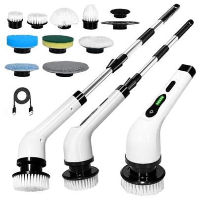 Electric Spin Scrubber, Electric Cleaning Brush Comes with 9 Different Replacement Heads and Removable Telescopic Pole,Electric Bathroom Scrubber for