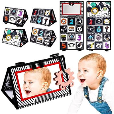Lanjue Baby Tummy Time Mirror Toy, Flip Mirror High Contrast Black and White Sensory Toys Foldable Baby Toys with Teether for Newborn Infants 0-12 Mon
