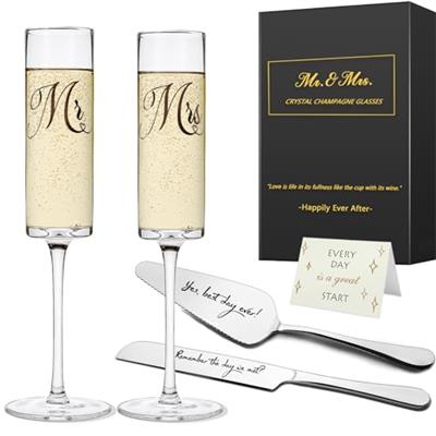 Yeegook Wedding Gifts for Bride and Groom, Mr and Mrs Champagne Flutes, Bridal Shower Gifts, Engagement Gift, Wedding Toasting Glasses with Cake Cutti