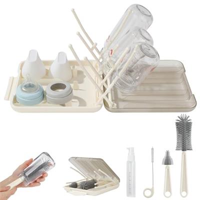 6 in 1 Baby Bottle Brush Set,Bottle Cleaner Brush Kit with Silicone Bottle Brush,Drying Rack,Nipple Brush,Straw Brush,Soap Dispenser&Storage Box,Porta