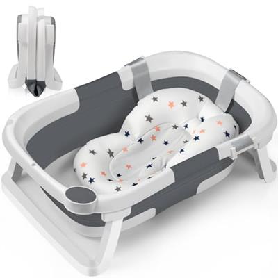 DEANIC Baby Bath Tub for 0-24 Months Newborn, Foldable Toddler Bath with Soft Cushion Pad, Portable Baby Bathtub Travel Save Space (Grey)
