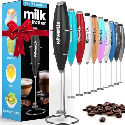 PowerLix Milk Frother Handheld Whisk - Electric Milk Frother Foamer with Stainless Steel Stand,15-20s, Powerful 19000rpm, Mini Drink Mixer Coffee Frot
