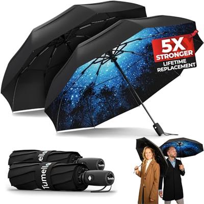 TUMELLA Strongest Windproof Travel Umbrella (Compact, Superior & Beautiful), Small Strong but Light Portable and Automatic Folding Rain Umbrella, Dura
