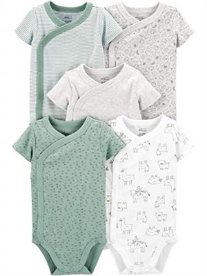 Simple Joys by Carters Baby 5-Pack Side Snap Short-Sleeve Bodysuit, Green/Grey Forest Animals/Light Grey Heather/Mint Green Stripe/White Llama, 0-3 M