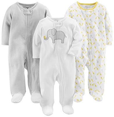 Simple Joys by Carters Unisex Baby 3-Pack Neutral Sleep and Play, Light Grey Mini Stripe/White Elephant/Giraffe, 0-3 Months