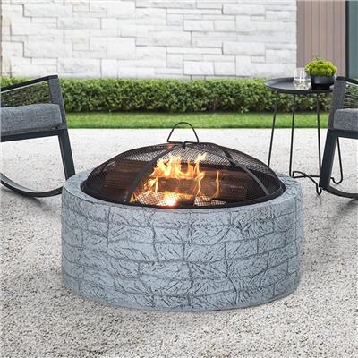 Sunjoy 26 in. Outdoor Stone Wood Burning Fire Pits with Steel Mesh Spark Screen and Fire Poker for P