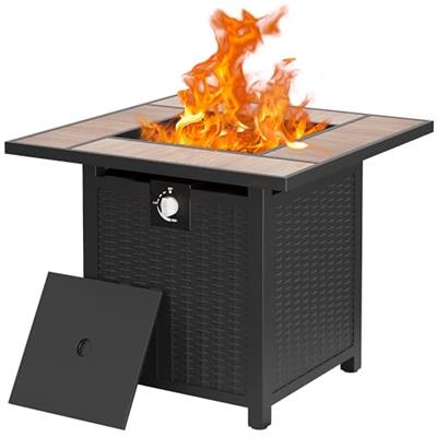 Walsunny 30 inch Propane Fire Pit, Square Gas Fire Pit Table with Walnut Ceramic Tile Tabletop and Lid, Outdoor Propane Fire Pit Table with Lava Rock