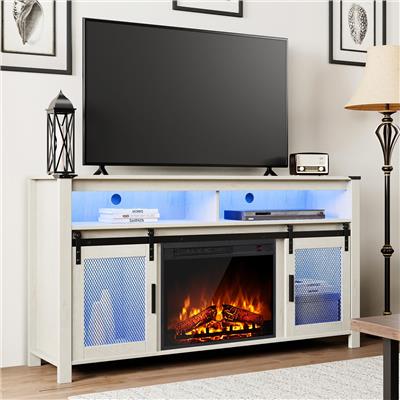 Farmhouse Fireplace LED TV Stand with Mesh Barn Doors, 32 H