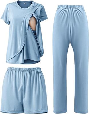 Rnxrbb 3 Piece Postpartum Nursing Pajamas Set Casual Soft Breastfeeding Pjs Sleepwear Loungewear Clothes Double Layer for Women,Navy M at Amazon Women