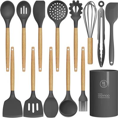 14 Pcs Silicone Cooking Utensils Kitchen Utensil Set - 446°F Heat Resistant,Turner Tongs, Spatula, Spoon, Brush, Whisk, Wooden Handle Gray Gadgets wit