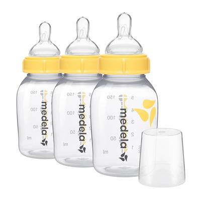 Amazon.com: Medela Slow Flow Feeding & Storage Bottles, 3 Pack of 5 Ounce Bottle with Nipple, Lids, Wide Base Collars, and Travel Caps, Made Without B