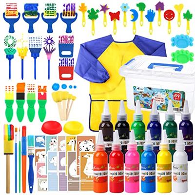 65 Pack Washable Finger Paint set with 12 Color Finger Paints, Sponges, Paint Brushes, Waterproof Paint Smock, Palettes, Cards, Storage Box for Toddle