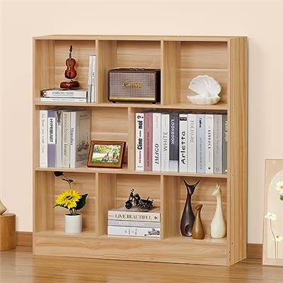 LEYAOYAO 8 Cube Bookshelf with Base,3 Tier Mid-Century Modern Natural Bookcase,Standing Wide Bookshelves Storage Organizer Shelf,Rustic Wood Display C