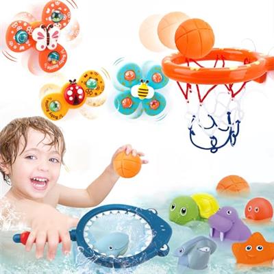 Bath Toys Playset, Fun Basketball Hoop & Balls, Bathtub Pool Shooting Game & Fishing Game, Sensory Suction Cup Spinner Spinning Top Baby Toy, for Litt