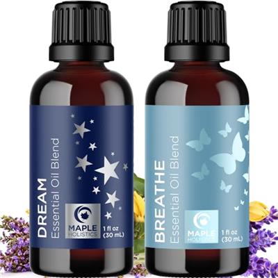 Aromatherapy Essential Oil Blends for Diffusers - Diffuser Essential Oil Set with Dream Essential Oil Blend and Breathe Essential Oil Blend - 100% Pur