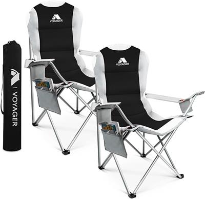 VOYAGER 2 Pack Premium Outdoor Camping Chair Set, 120kg Capacity, 3.3kg Per Chair, Waterproof & Foldable with Cup Holder & Side Pockets - Ideal for Ga
