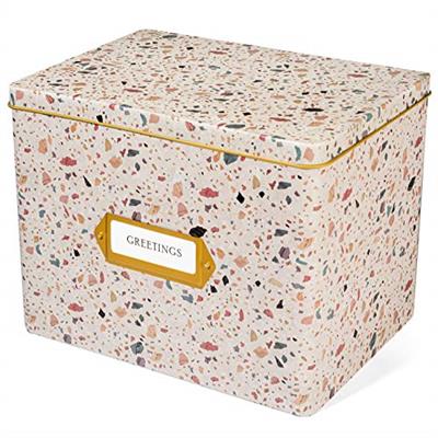 Jot & Mark Greeting Card Organizer Box Set | Decorative Recipe Tin Box, Tab Dividers, Matching Greeting Cards and Envelopes (Terrazzo Blush)