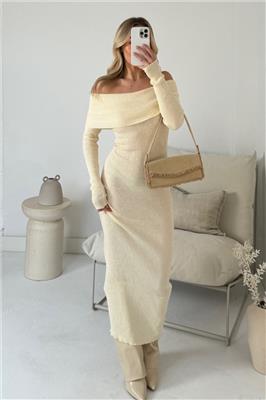 Lillian cream off the shoulder rib knit maxi dress – Glamify Famous For Loungewear