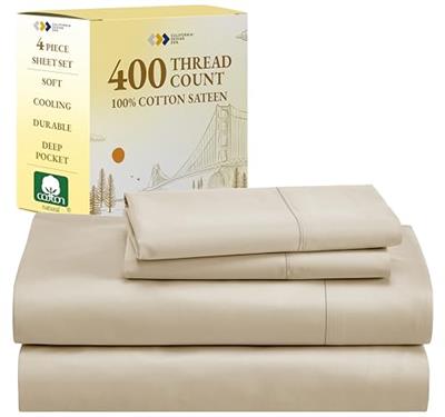 California Design Den Queen Sheet Set 100% Cotton 400 Thread Count Sateen Cotton Sheets - Soft, Breathable & Cooling, 4-Pc Deep Pocket Bed Sheets - Be