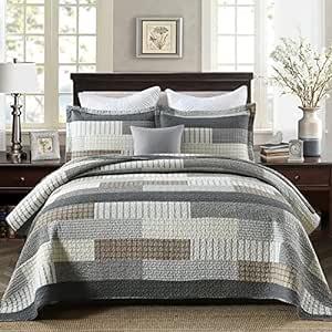 Amazon.com: Finlonte Quilt Queen Size 100% Cotton Queen Size Quilts Grey Black Brown Bedspreads Plaid Quilts Lightweight Soft Breathable Bedding Sets