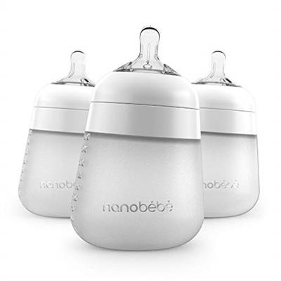 Nanobébé Flexy Silicone Baby Bottle, Anti-Colic, Natural Feel, Non-Collapsing Nipple, Non-Tip Stable Base, Easy to Clean, 3-Pack, White, 9oz