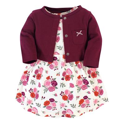 Hudson Baby Girls Cotton Dress and Cardigan 2 Piece Set, Fall Floral
