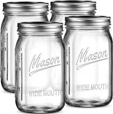 SEWANTA Wide Mouth Mason Jars 32 oz [4 Pack] With mason jar lids and Bands, mason jars 32 oz - For Canning, Fermenting, Pickling - Jar Decor - Microwa