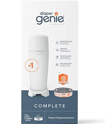 Diaper Genie Complete Diaper Pail (White) with Antimicrobial Odor Control | Includes 1 Diaper Trash Can, 1 Refill Bags, 1 Carbon Filter, Packaging may