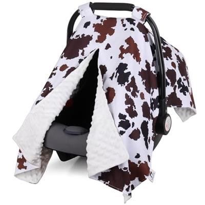 Rquite Brown Cow Print Car Seat Cover Baby, Minky Carseat Cover Boys Girls, Breathable Car Seat Canopy with Peekaboo Opening, Baby Carrier Covers Cars
