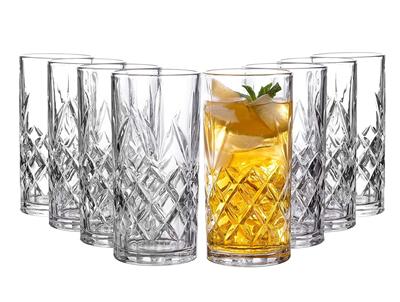 Royalty Art Kinsley Tall Highball Glasses Set of 8, 12 Ounce Cups, Textured Designer Glassware for Drinking Water, Beer, or Soda, Trendy and Elegant D
