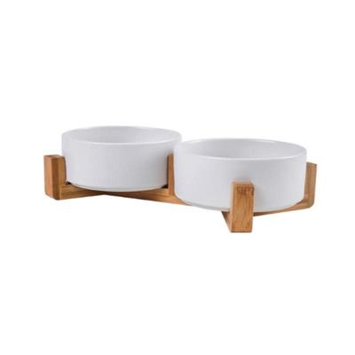 Ceramic Dog and Cat Bowl Set with Wooden Stand