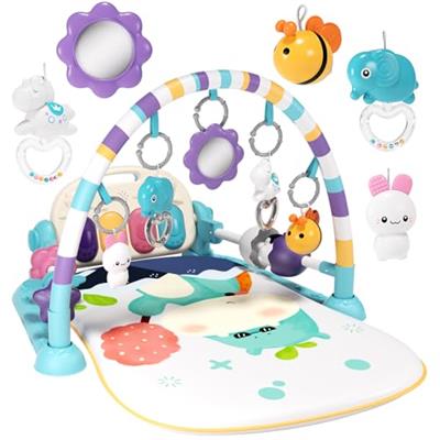 Jovow Baby Gym with Kick and Play Piano,Baby Play Mat Tummy Time Baby Activity Gym Mat with 5 Infant Learning Sensory for Baby, Music and Lights Boy o