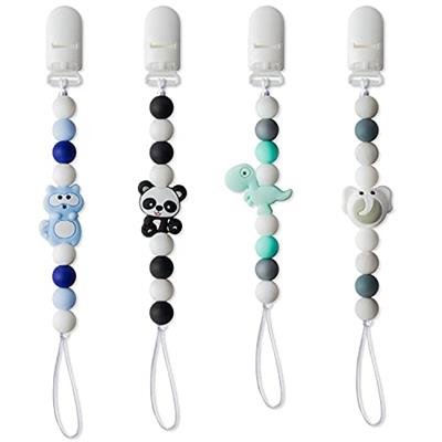 4Pcs Silicone Pacifier Clip for Babies Infant Animal Teething Panda Dinosaur Elephant Raccoon Soothie Toy Teethers Clips for Baby Shower Birthday Keep