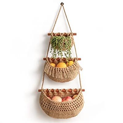 Hanging Fruit Basket, 3 Tier Over the Door Organizer, Handmade Woven Jute Wall Baskets for Organizing, BOHO Decor, Storage for Kitchen, Living & Bathr