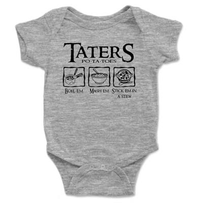 Taters Onesie® - Boil Em Mash Em Stick Em In A Stew - 100% Cotton - Available in White, Heather Gray or Pink (0-3 Month, Heather Gray)