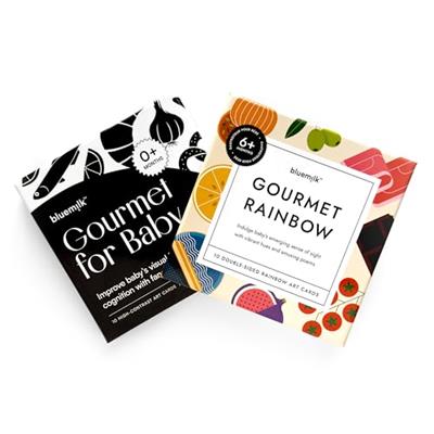 BlueMilk Gourmet Baby Art Card 2-Pack Black & White High Contrast Cards + Rainbow Sensory Toy. Foodie Poetry and Visual Charcuterie Board Speech Devel