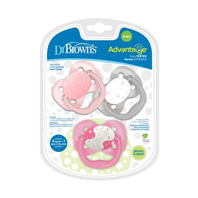 Dr. Browns Advantage 3-Pack Stage 1 Glow in the Dark Pacifiers in Pink