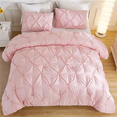 Andency Pink Comforter Set Queen(90x90Inch), 3 Pieces Soft Lightweight Cute Pinch Pleat Comforter Set for Queen Bed, All Season Western Warm Bed Set f