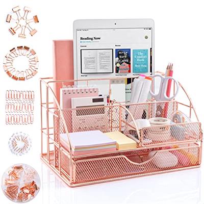 ARCOBIS Rose Gold Desk Organizer and Accessories, Upgraded Large Office Supplies Desk Organization for Women, Cute Desk Caddy with Pen Holder, 6 Compa