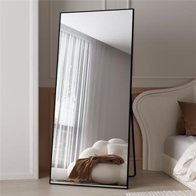 LFT HUIMEI2Y Full Length Floor Mirror, 65x22 Black Aluminum Full Body Tempered Mirror with Stand, Rectangle Mirror Hanging Standing Large Wall Mount