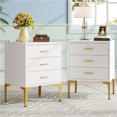 White Gold Nightstand, Modern 3 Drawers Bed Side Table for Bedroom