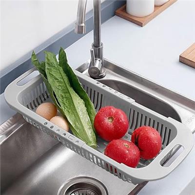 MineSign Extendable Over the Sink Colander Fruits and Vegetables Drain Basket Adjustable Strainer Sink Washing Basket for Kitchen (Grey)