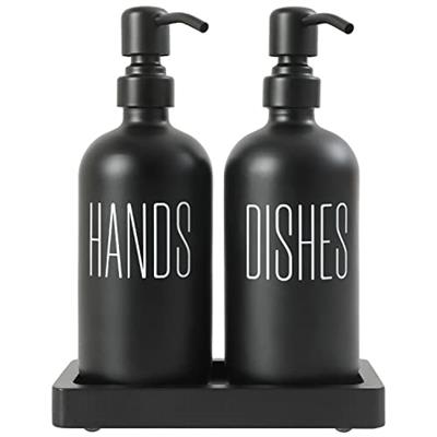 Prus Waso Black Soap Dispenser Set, Contains Dish Soap Dispenser and Hand Soap Dispenser. Glass Soap Dispenser with Stainless Steel Pump, Perfect for