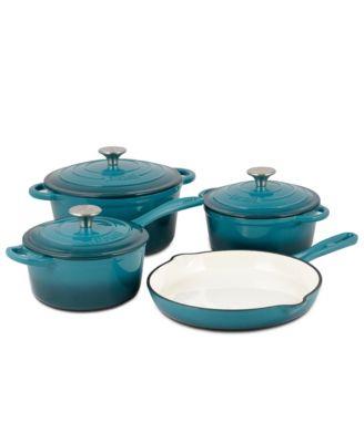 Basque Enameled Cast Iron Cookware Set, 7-Piece Set (Biscay Blue), Nonstick, Oversized Handles, Oven Safe Skillet, Saucepan, Small Dutch Oven, Large D