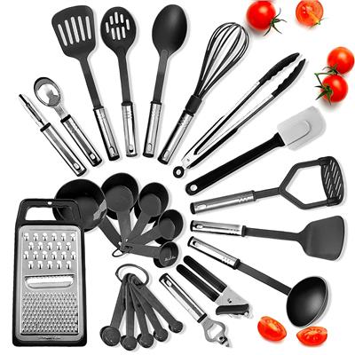 JoyTable 24 piece Kitchen Cooking Utensil Set - Stainless Steel, Non-Stick, Dishwasher Safe, and Hea
