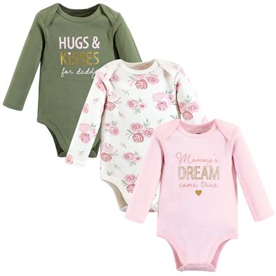Hudson Baby Infant Girl Cotton Long-Sleeve Bodysuits, Mom Dad Floral