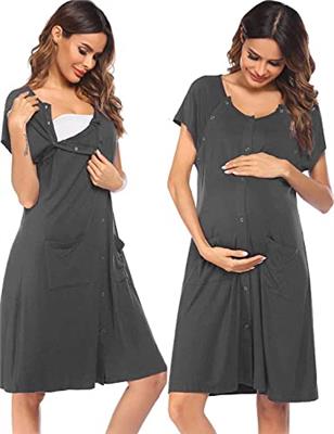 Ekouaer Labor Nightgown Nursing Dress Maternity Nightgowns Hospital/Delivery/Breastfeeding Birthing Gown with Button Dark gray M