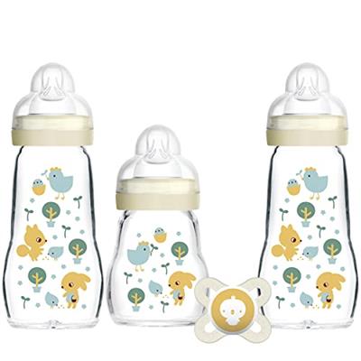 MAM Glass Baby Bottles and Soother Starter Set, Anti-Colic Bottles for Newborn Babies, Includes 3x Glass Baby Bottles and 1x 0-2 Months Soother